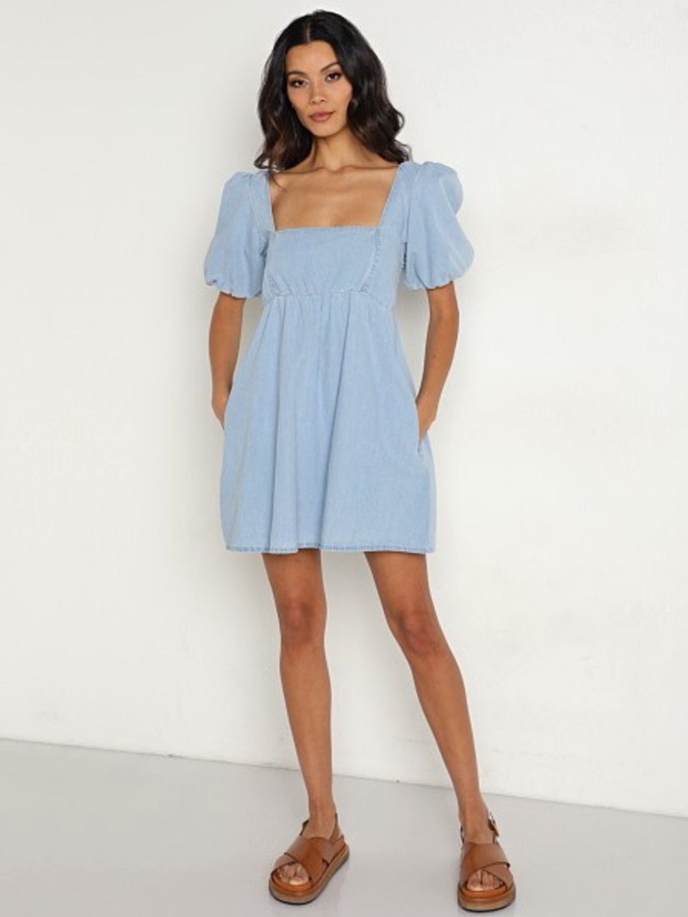 Show Me Your MUMU Light Blue Puff Sleeve Square Neck Smocked Mini Dress Medium